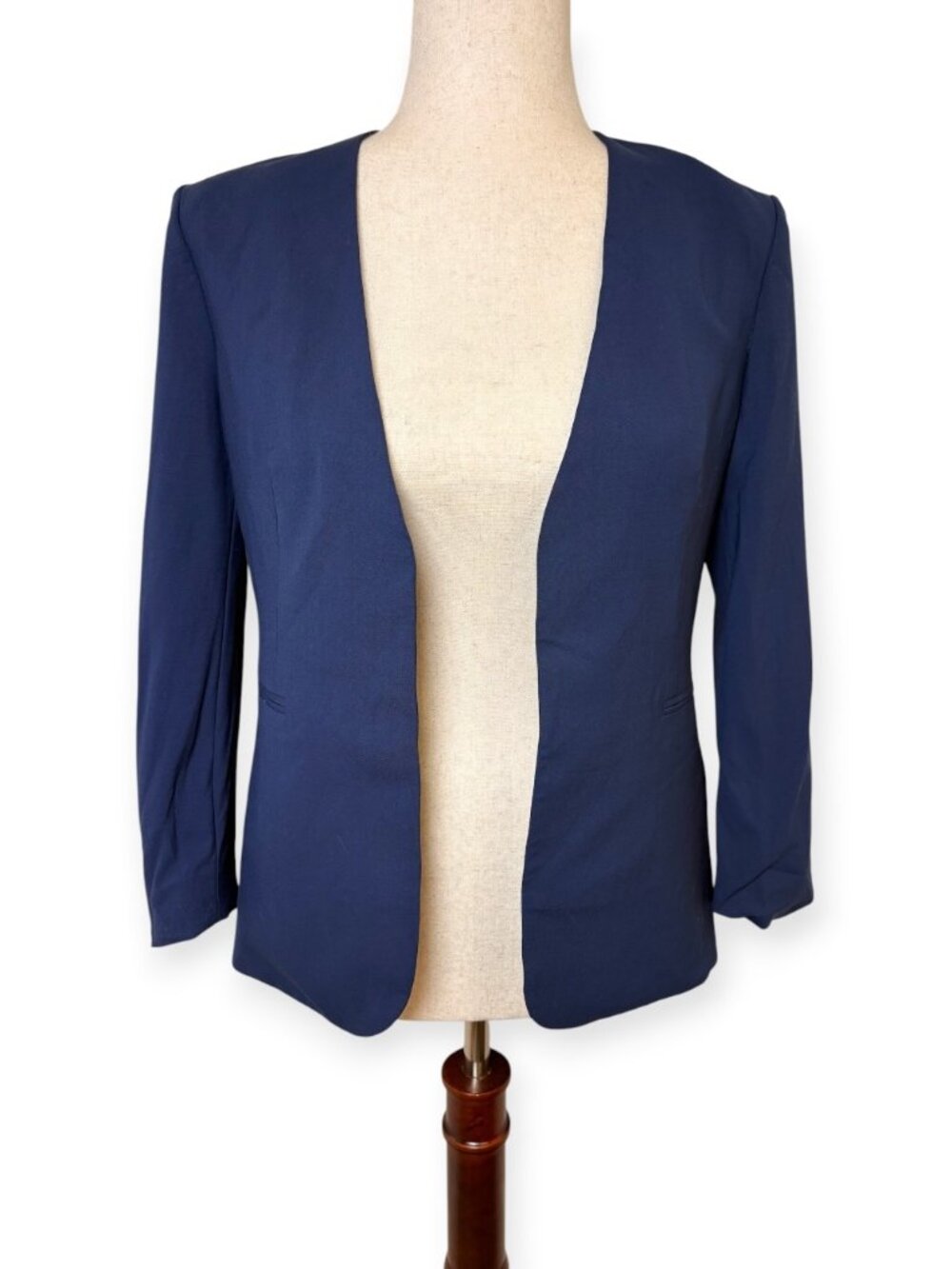 Theory Lanai Navy Blue Collarless Open Front Blazer Jacket Minimalist Size 4